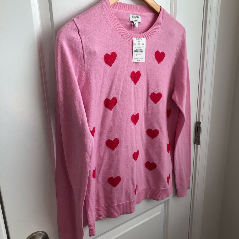 J. Crew Teddie Pink Heart Sweater Red Hearts Crewneck medium women’s J Crew